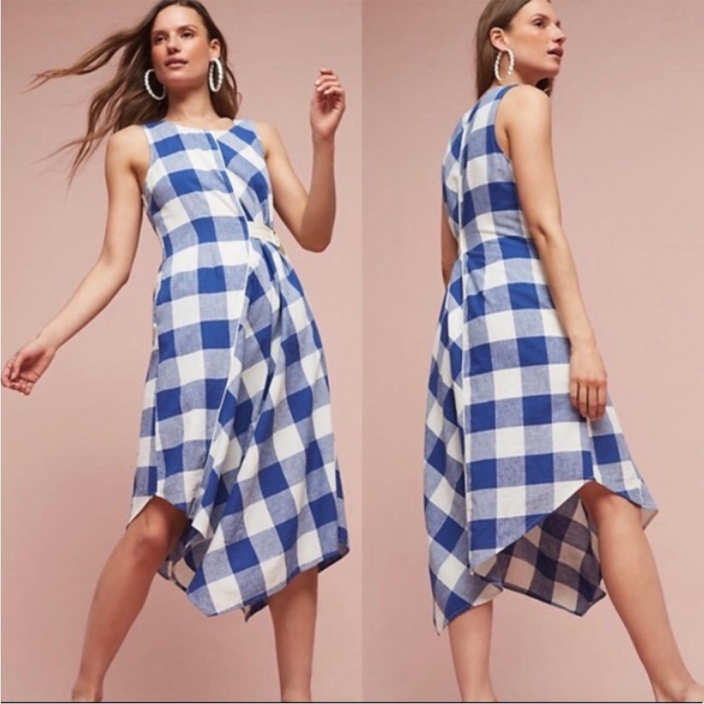 Anthropologie Belted Blue White Gingham Asymmetrical Sleeveless Dress Women’s XL
